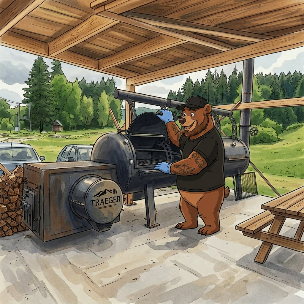 Macko v šiltovke obsluhuje veľký Traeger smoker pod prístreškom