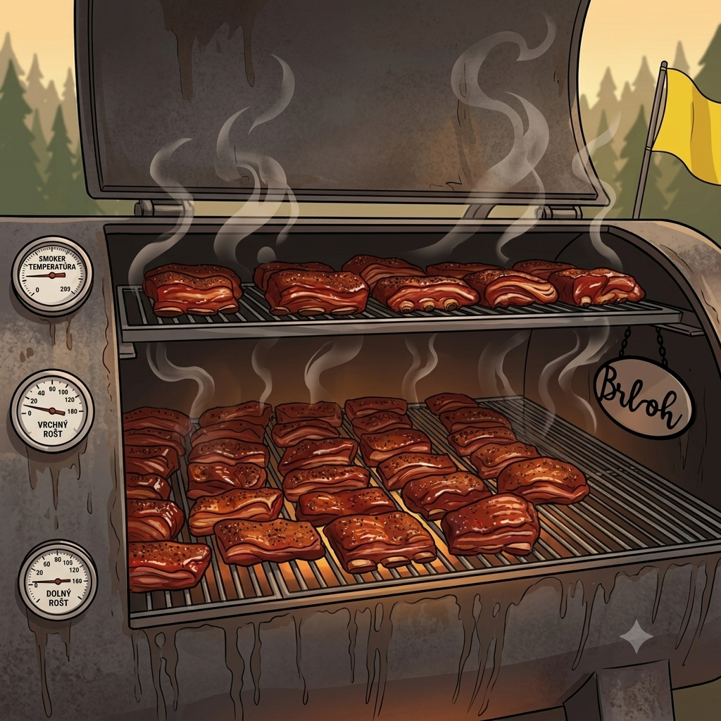Plný smoker rebierok pomaly údených pri nízkej teplote