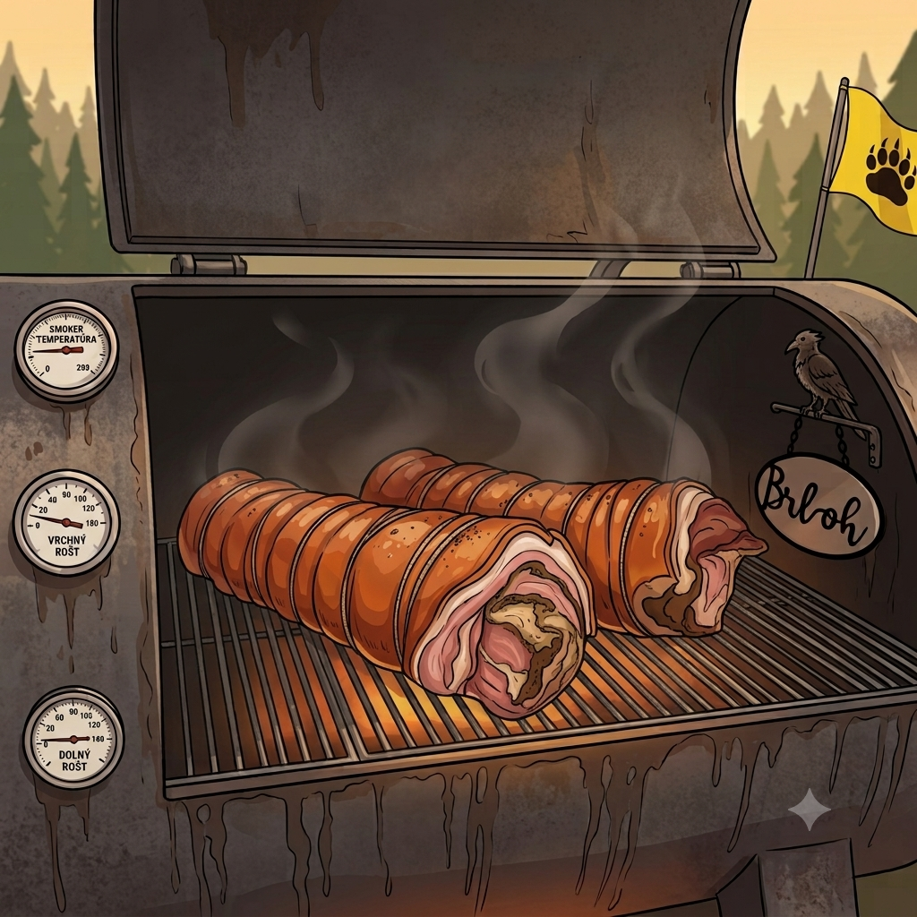 Dve veľké porchetty pomaly upečené v smokeri